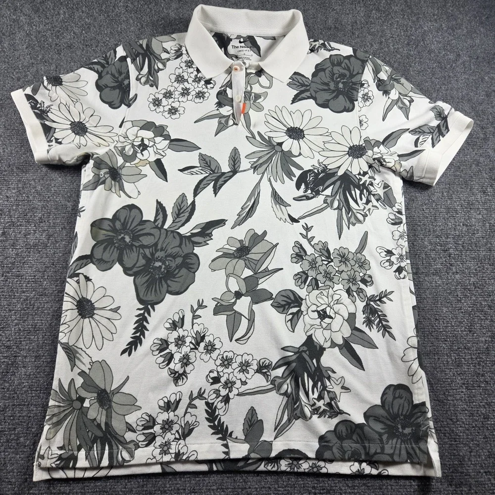 Nike Polo Dri-Fit Shirt Men's Medium White Gray Floral Golf Casual Short Sleeve